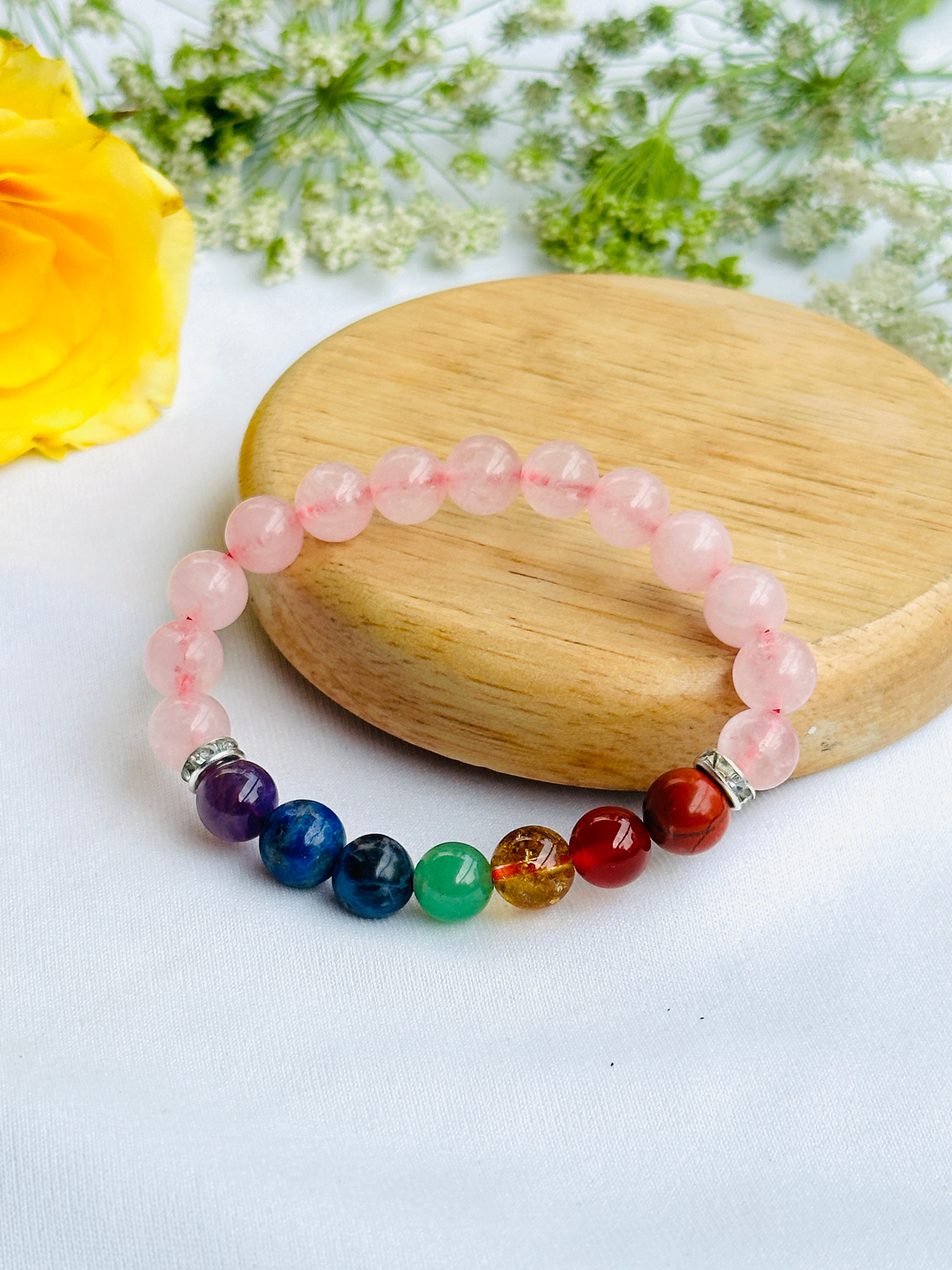Happy Love Life: Seven Chakra with Rose Quartz Bracelet - Abhimantrit & Certified